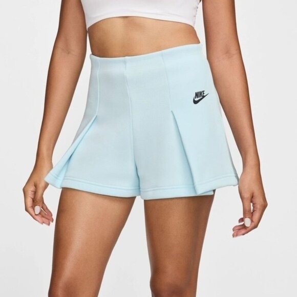 NIKE Tech Fleece High Waist 3” Pleated Shorts Size XL Ice Blue NEW - Picture 1 of 10